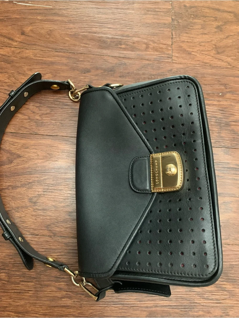 Black Longchamp  Leather Shoulder Bag with Gold Hardware